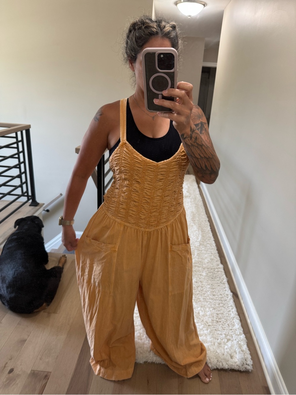 Free People Mustard Yellow Smocked Wide-Leg Jumpsuit